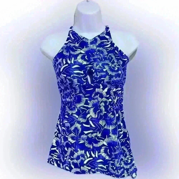 Athleta Tankini Top S 4 6 Blue White Batik Floral Keyhole High Neck Swim Resort - Picture 1 of 5